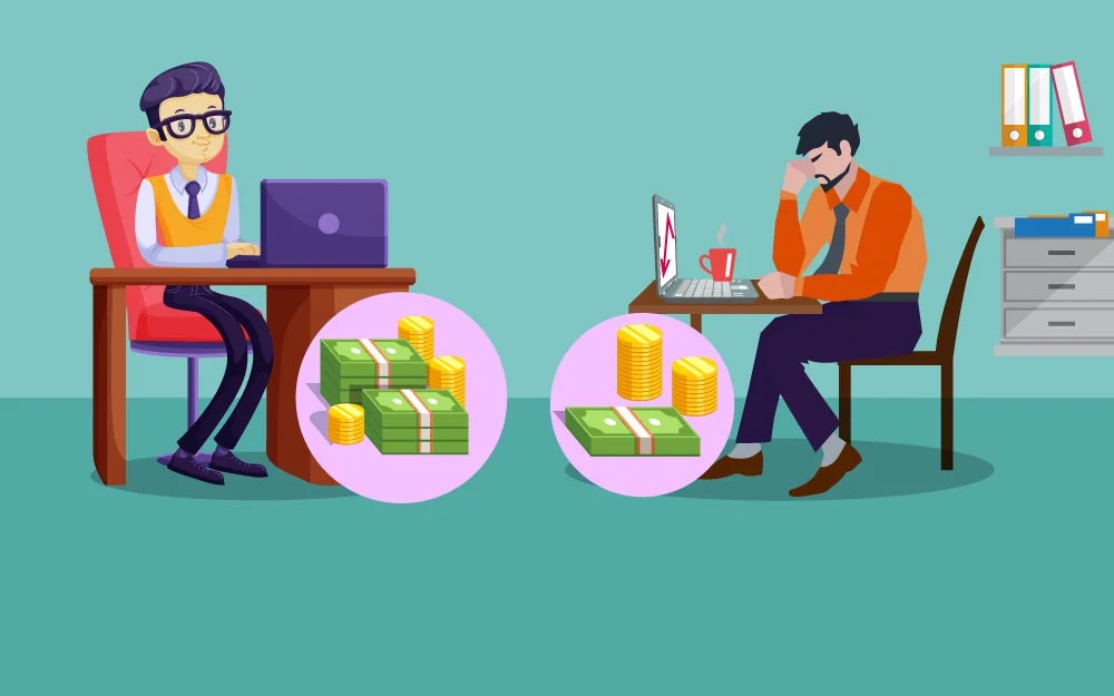 Image of two men in front of a laptop thinking about money, one smiling and the other worrying