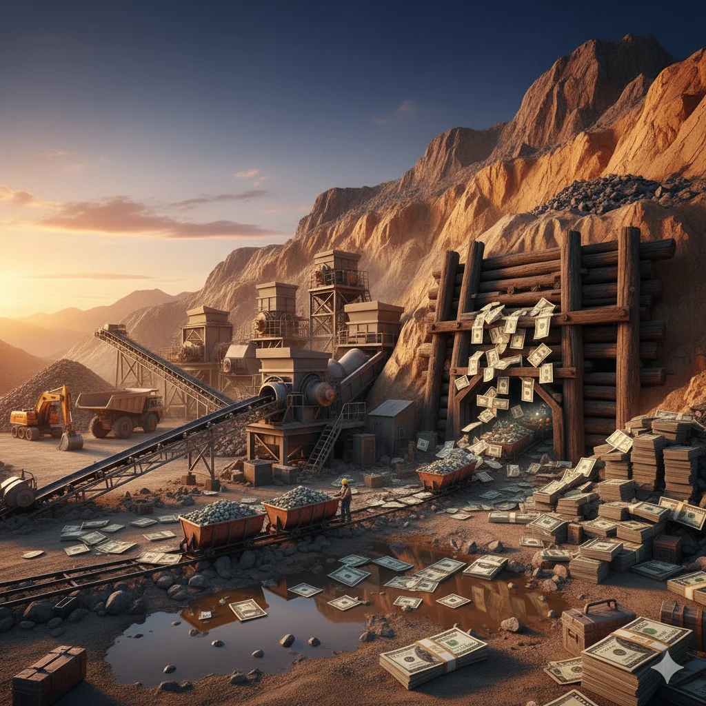 Generated image of a mine, and a worker carrying money