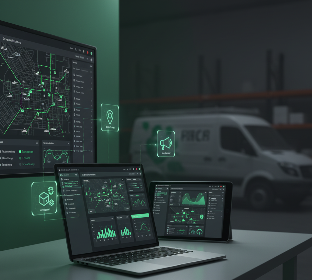 Image of a laptop a tablet and a computer display with tracking info, and a white Van in the background